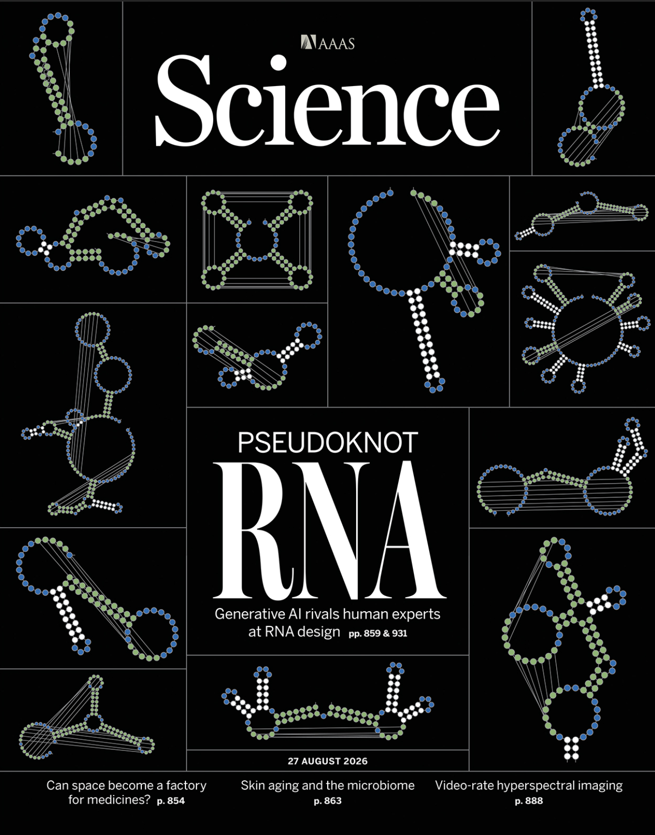 Science cover, 27 August 2026, showing RNA pseudoknot diagrams and highlighting AI-guided RNA design.