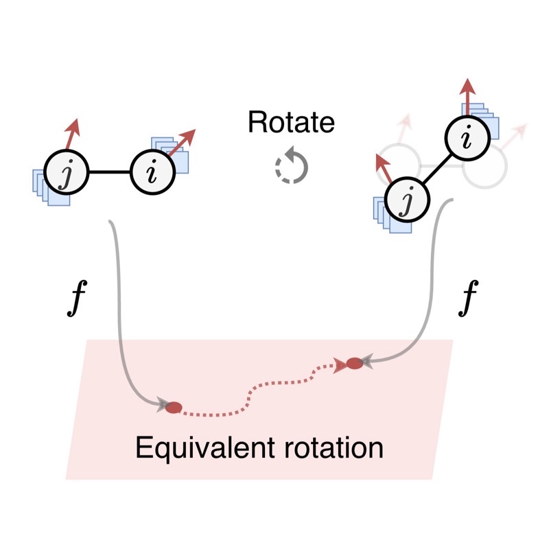 Rotation equivariance of a geometric GNN on a 3D atomic graph